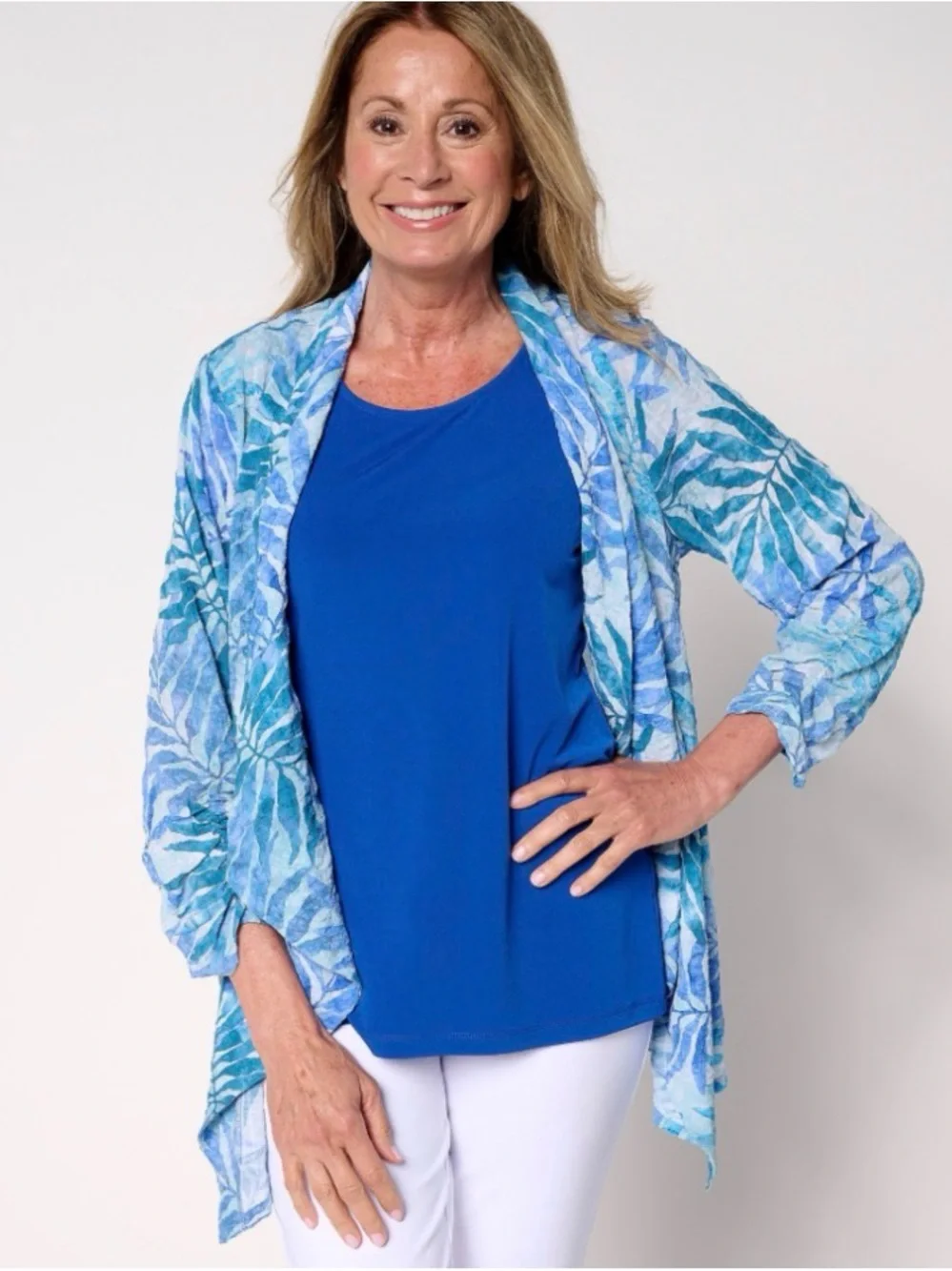 Susan Graver Regular Textured Woven Cardigan & Knit Tank Set Sz Large Batik Blue